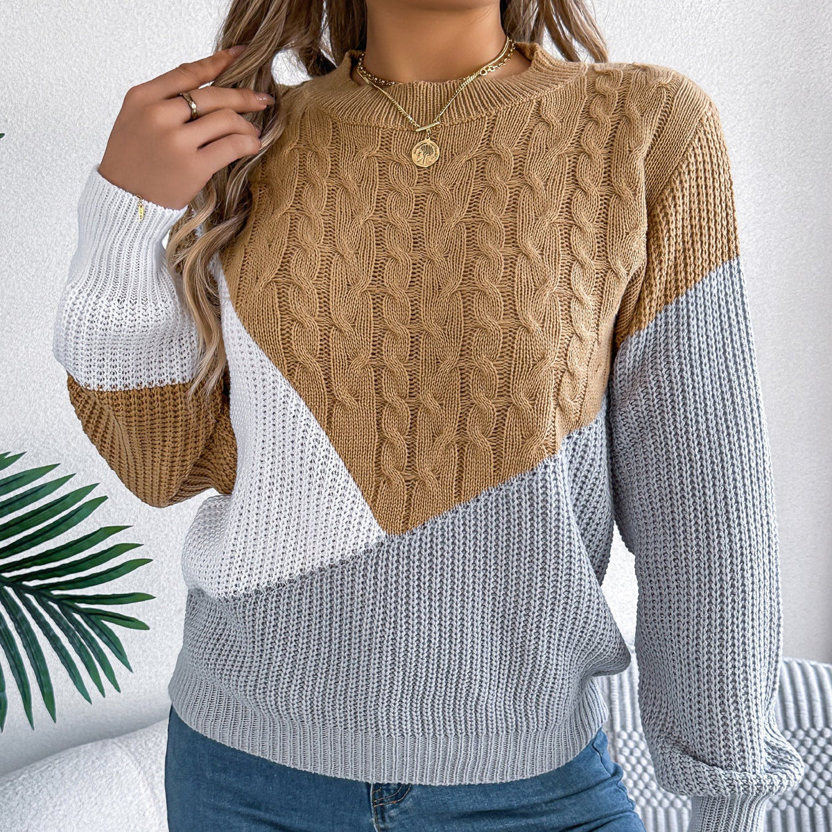 Women's Long-Sleeve Torchon Sweater with Contrast Details
