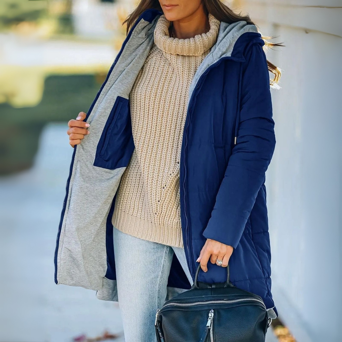 Puffer Jacket Women Quilted Hooded Adjustable Waist