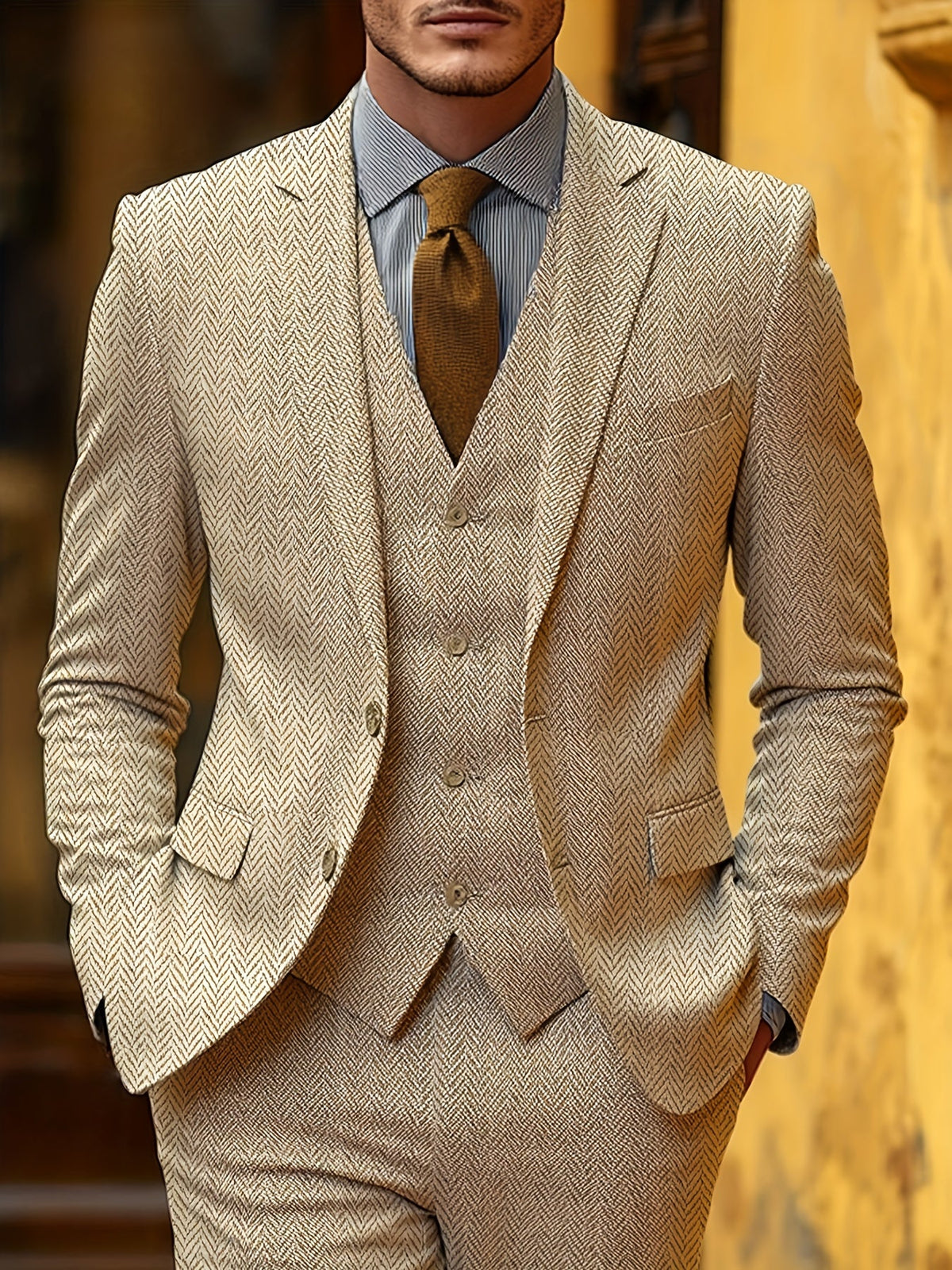 Men's Suit 3-Piece Herringbone Formal Set