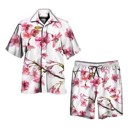 Men’s Casual Palm Print Shirt and Shorts Outfit