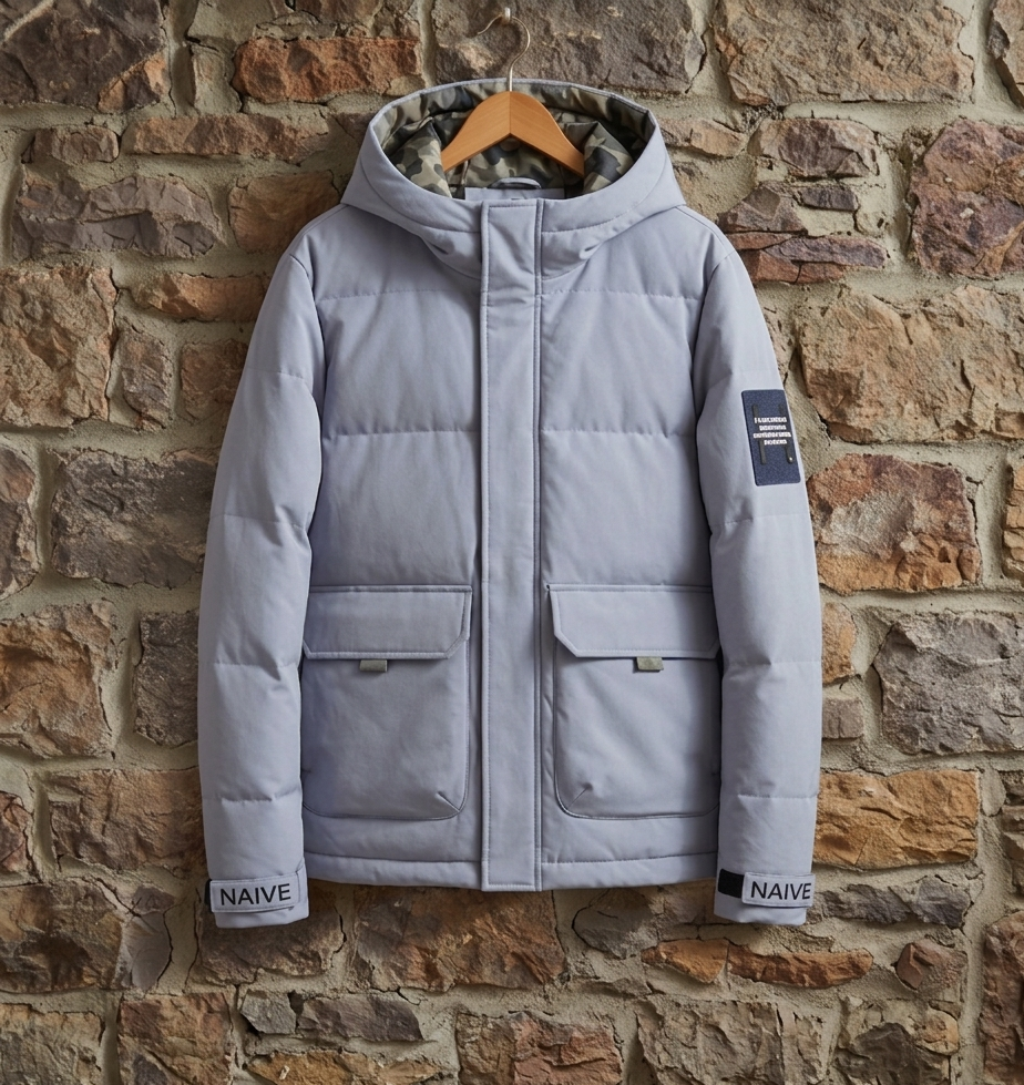 Men’s Puffer Jacket Elegant Nylon-Blend Hooded