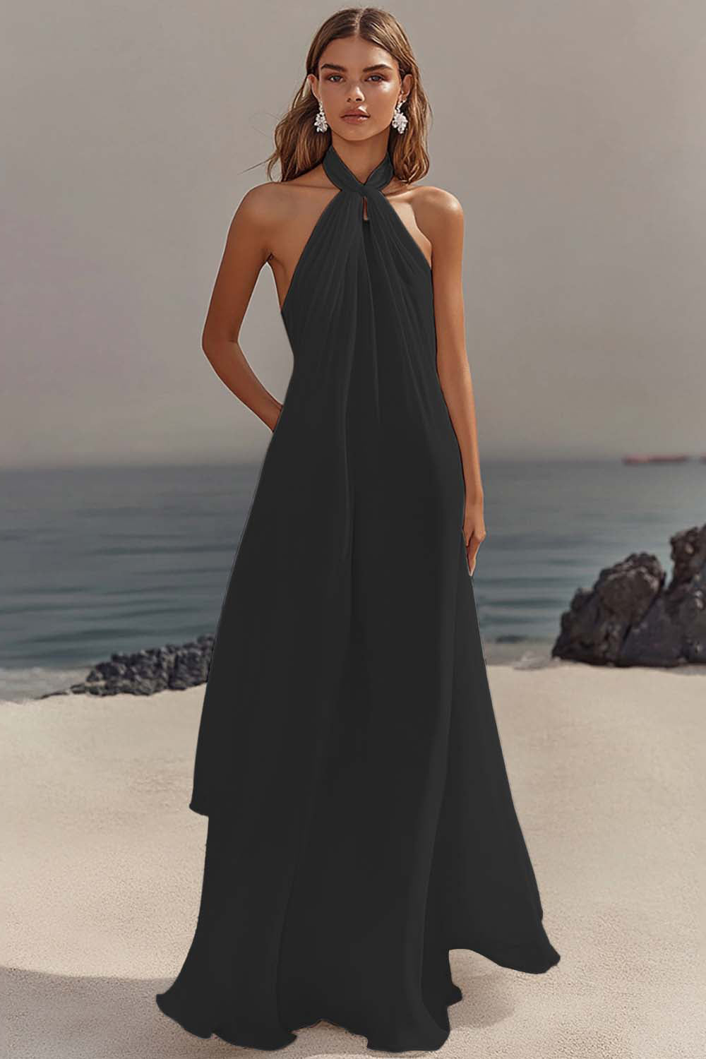 White Chiffon A-Line Halter Maxi Dress