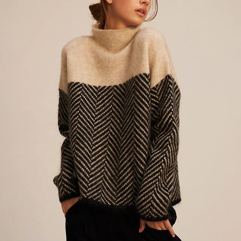 Herringbone Cable Knit Turtleneck Sweater