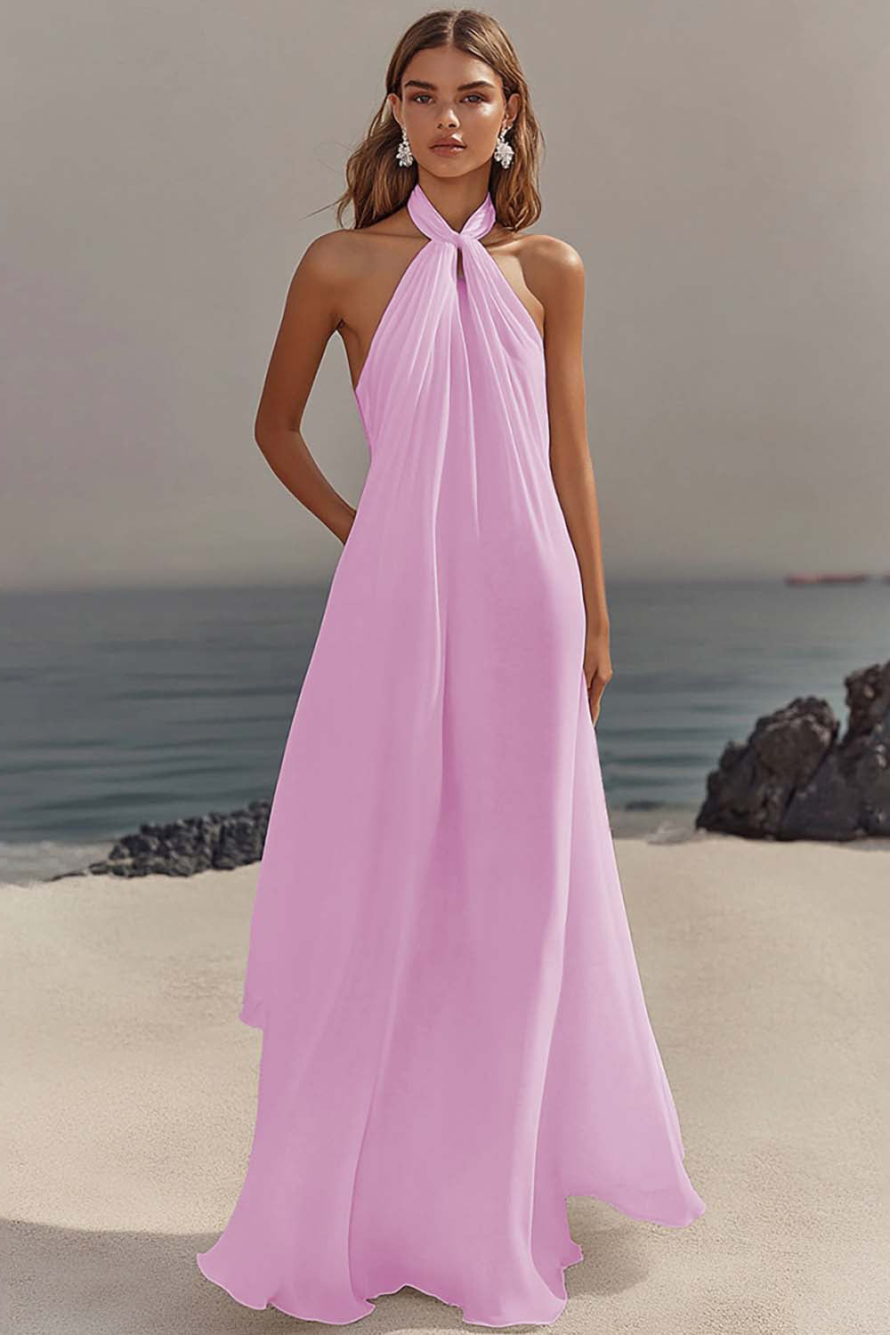 White Chiffon A-Line Halter Maxi Dress