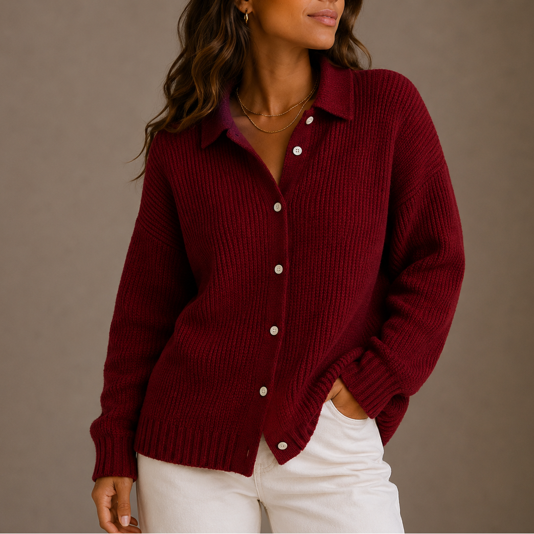 Women's Knitted Cardigan with Collar and Buttons