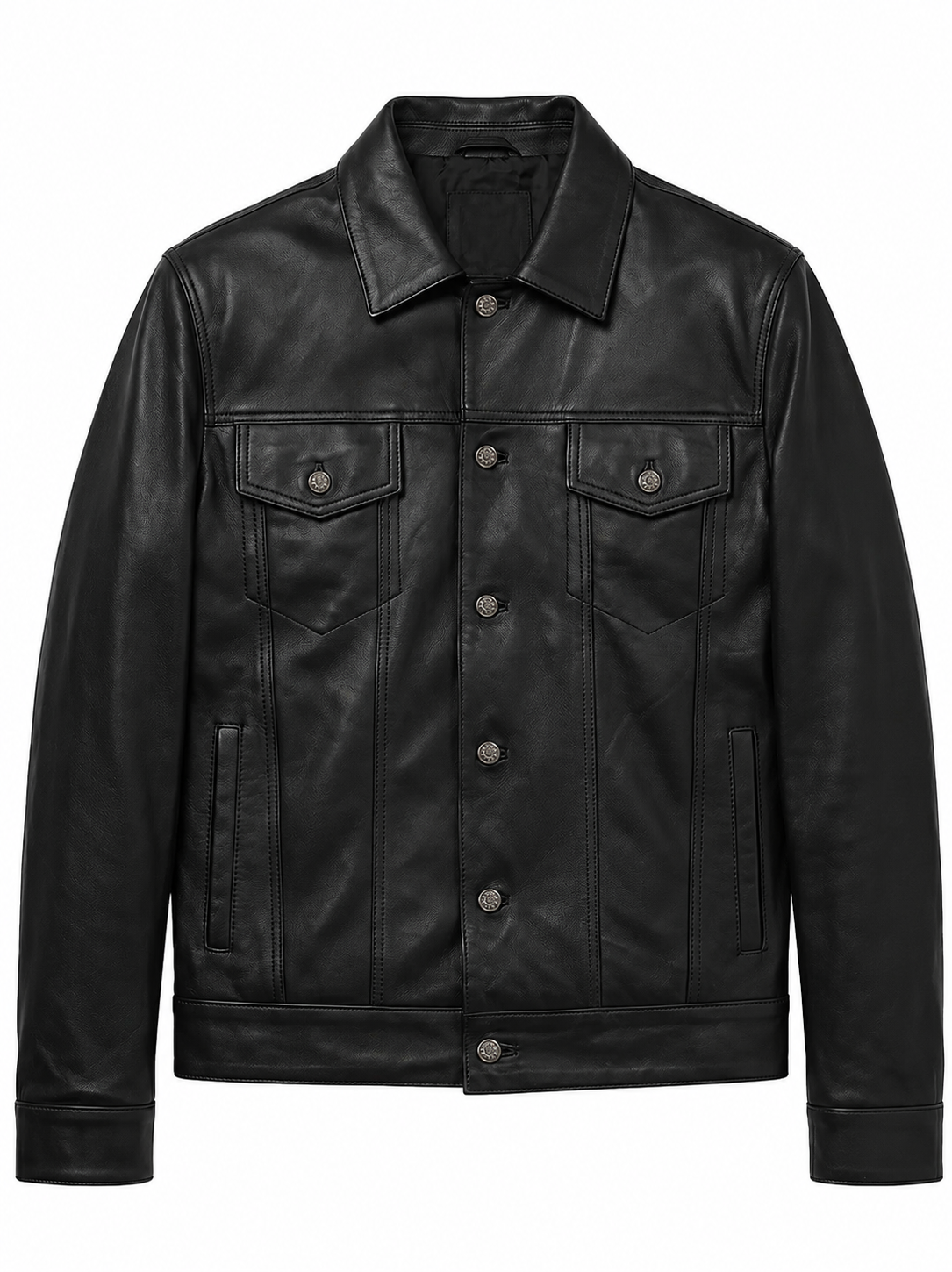 Men's Black Leather Trucker Jacket with Classic Collar