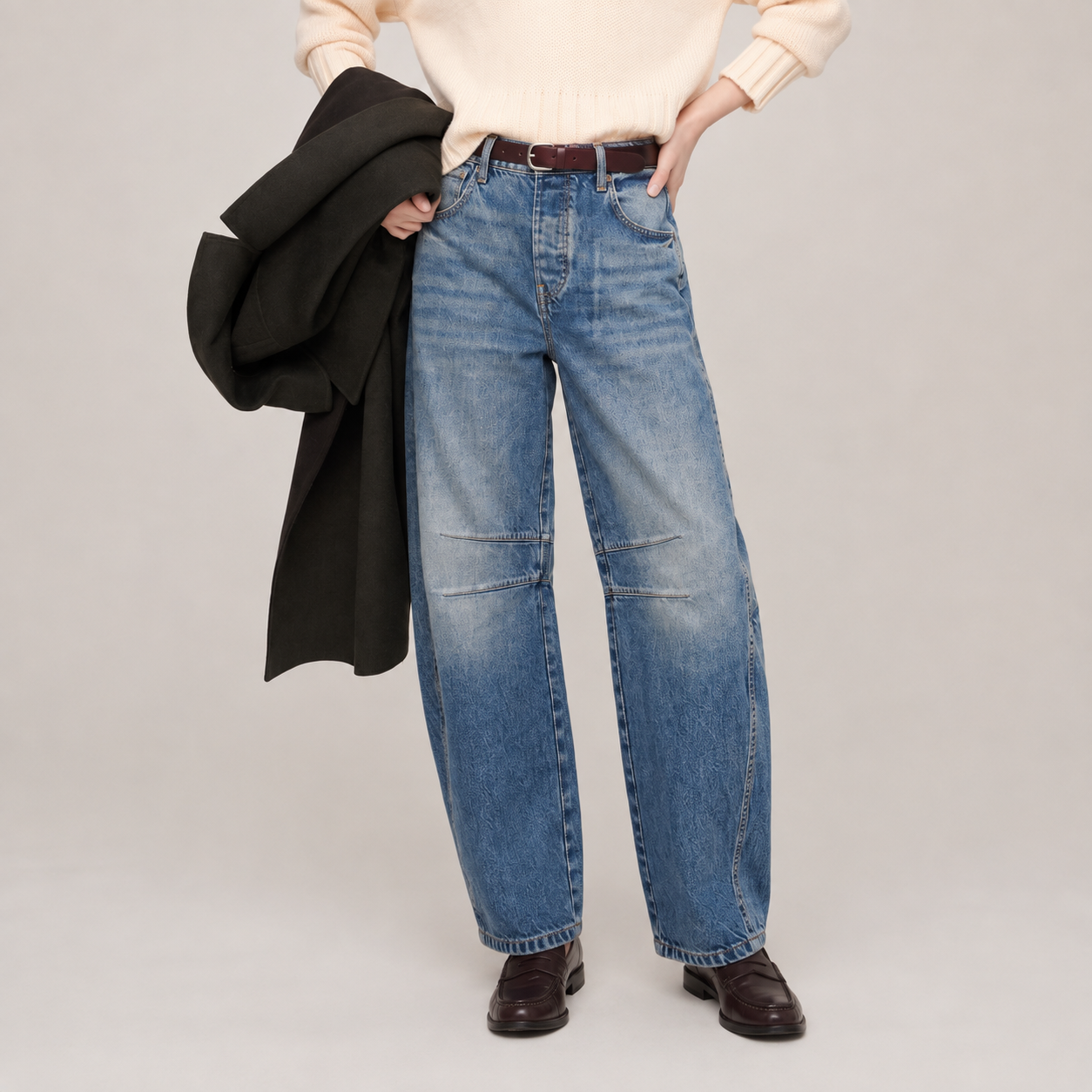 Women's Barrel Leg Ankle Length Jeans | Curved Leg Denim Pants