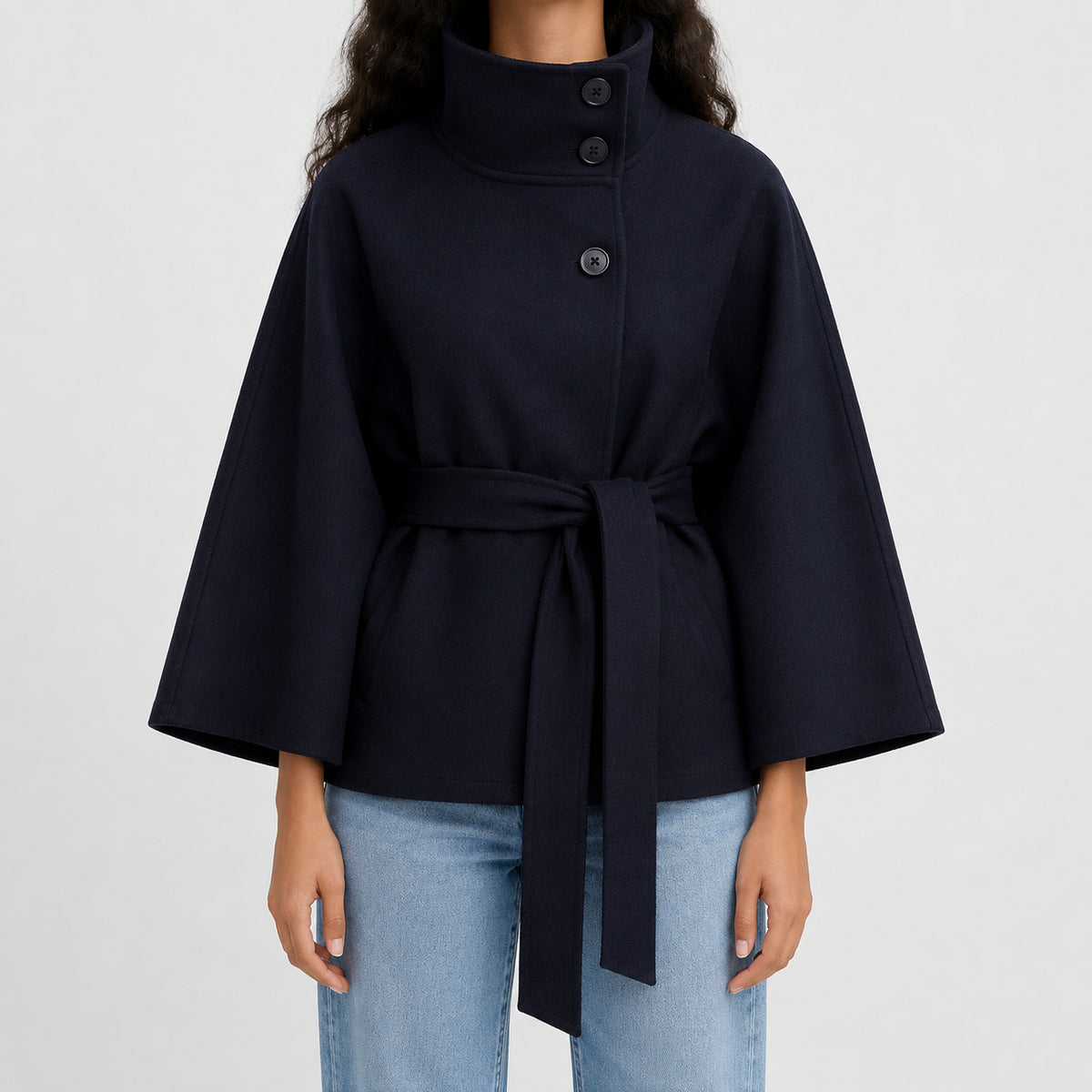 Fall Women's Cape Coat with High Collar and Bow Belt | Outerwear