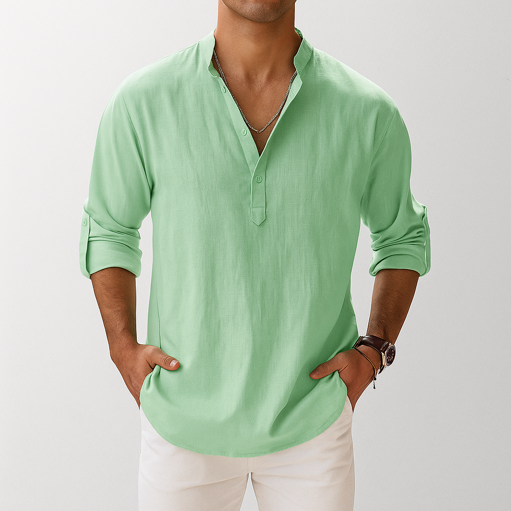 Men's Linen Mandarin Collar Shirt | Band Collar Casual Shirt
