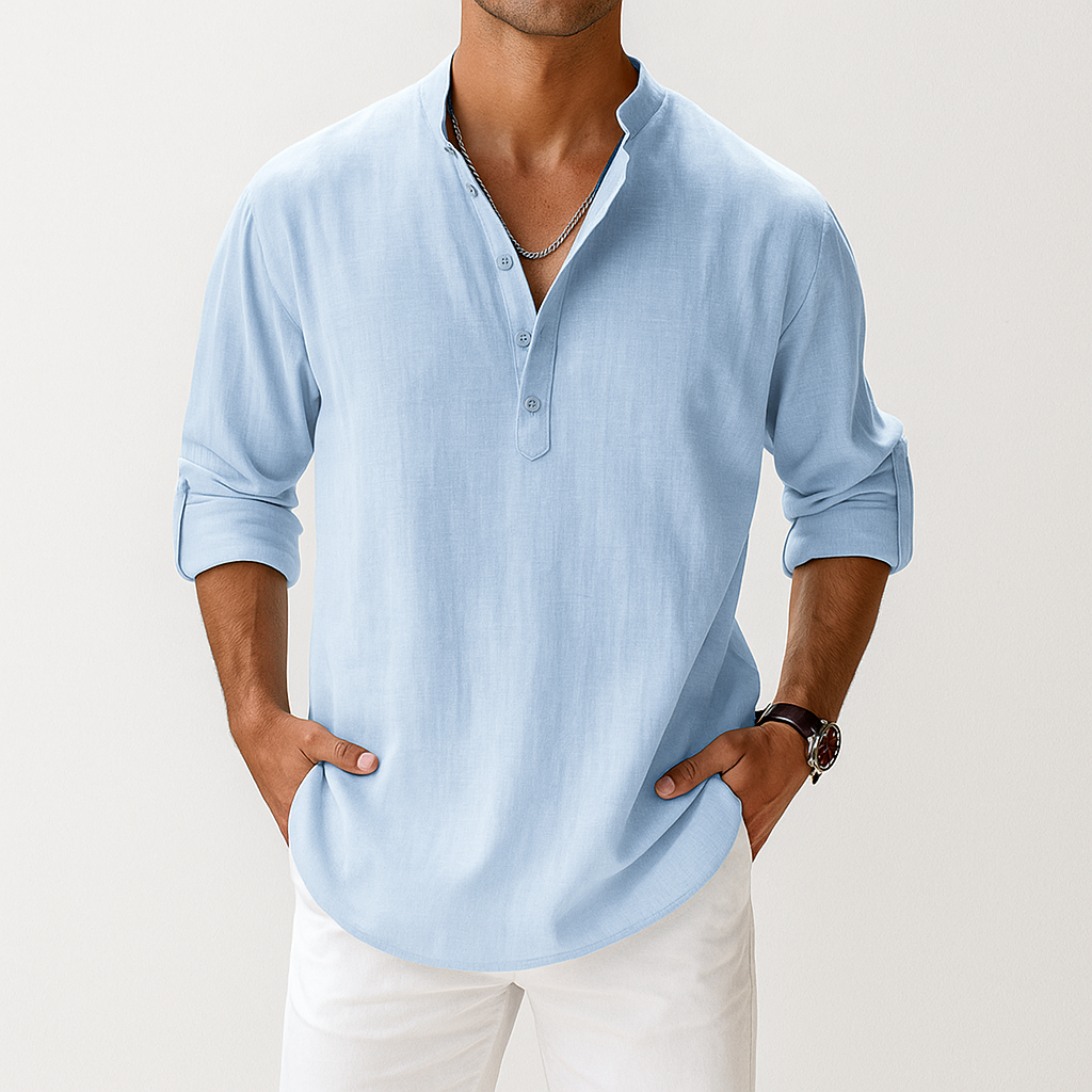 Men's Linen Mandarin Collar Shirt | Band Collar Casual Shirt