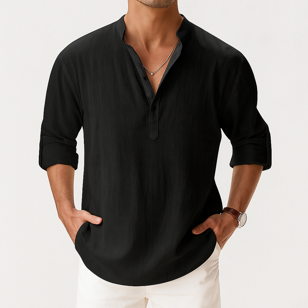 Men's Linen Mandarin Collar Shirt | Band Collar Casual Shirt