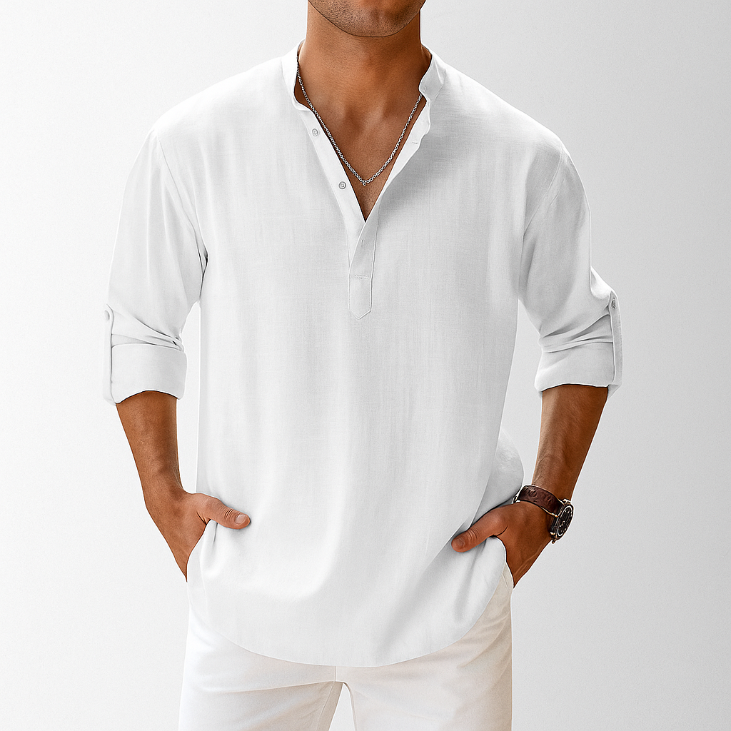 Men's Linen Mandarin Collar Shirt | Band Collar Casual Shirt