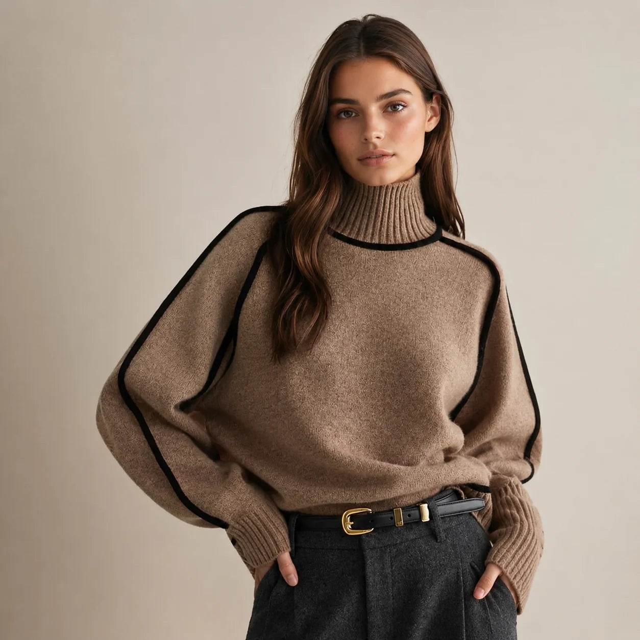 Oversized Turtleneck Sweater with Contrast Trim