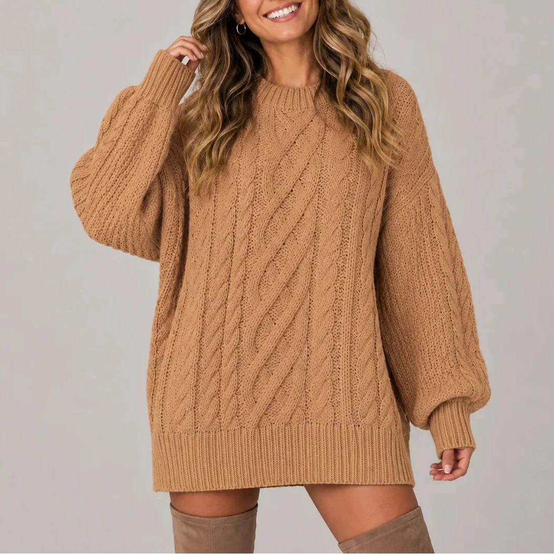 Oversized Cable Knit Sweater Dress with Long Sleeves