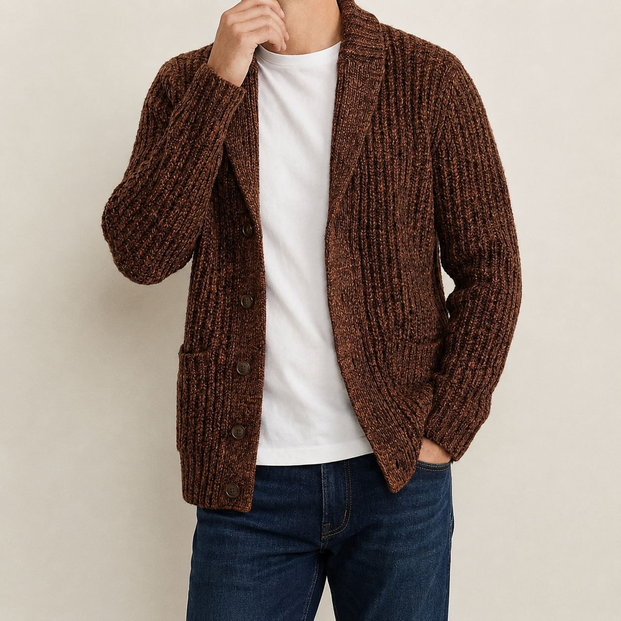 Men's Crew-Neck Shawl-Front Chunky-Knit Cardigan