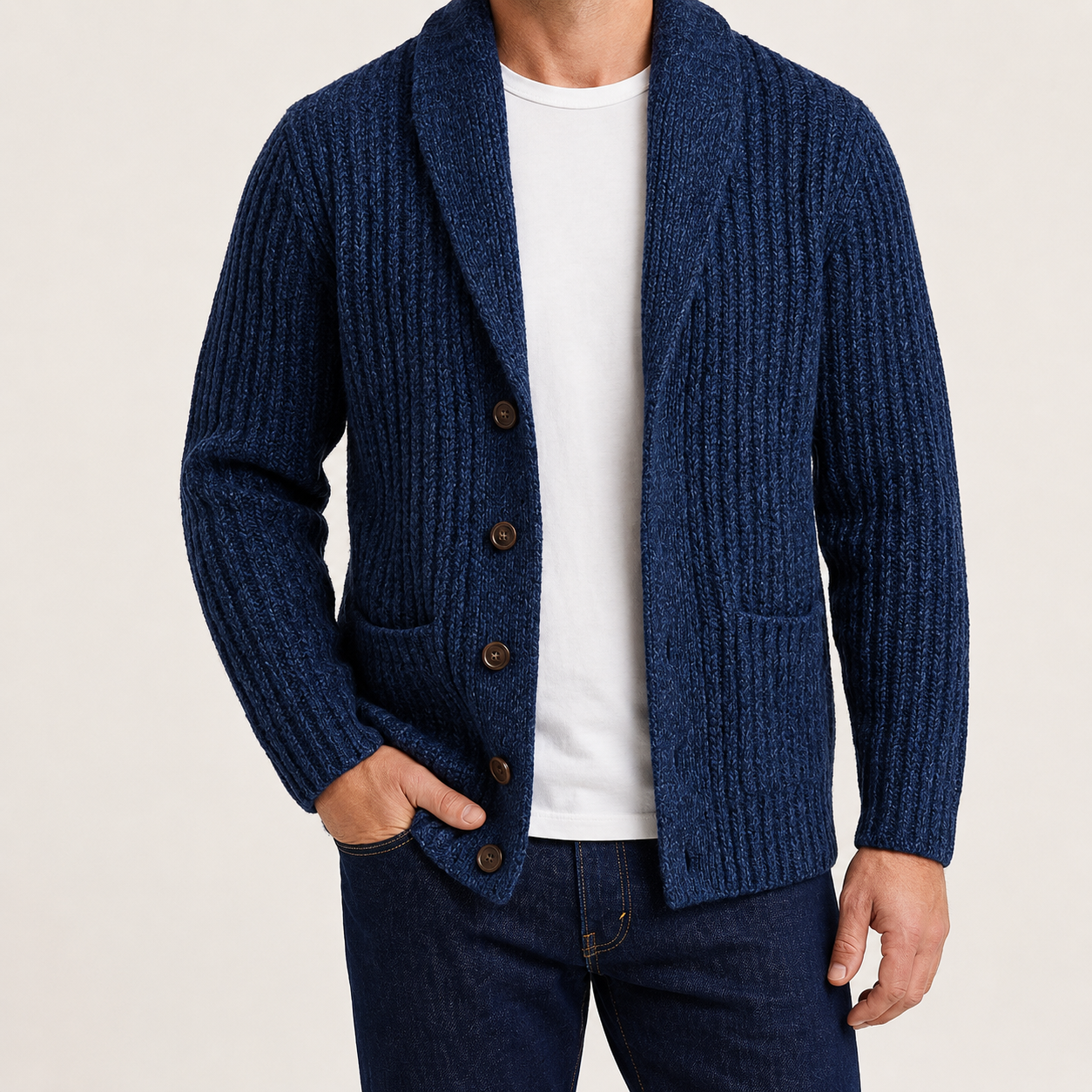 Men's Crew-Neck Shawl-Front Chunky-Knit Cardigan