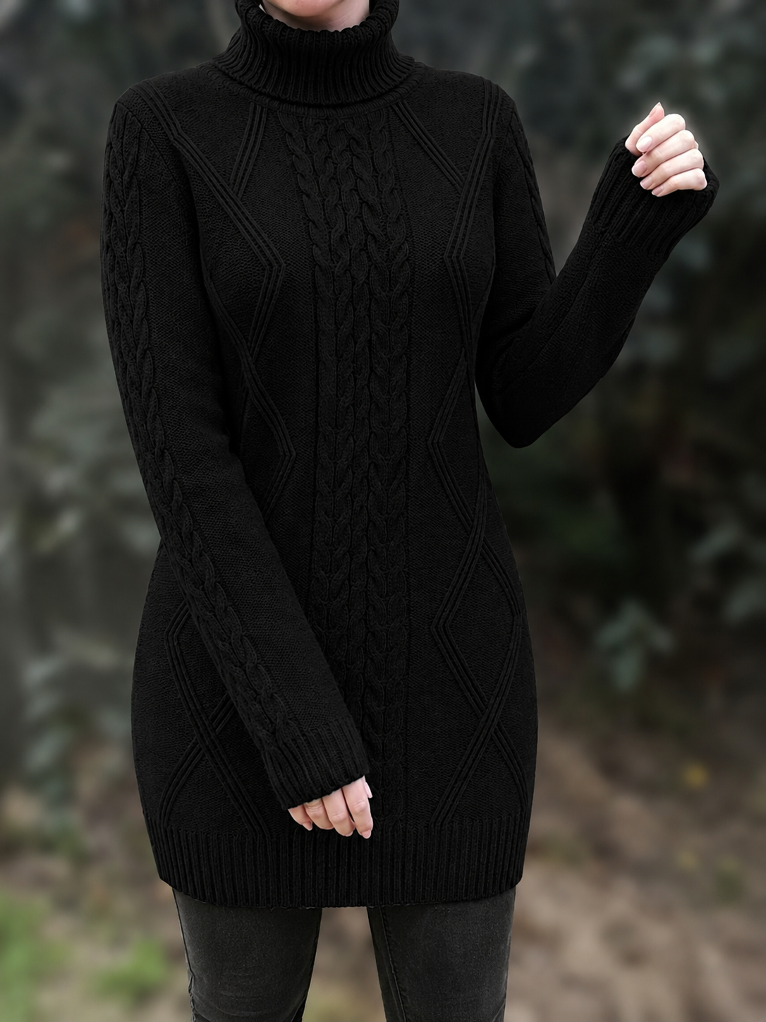 Oversized Turtleneck Sweater with Long Cables, Hip-Length