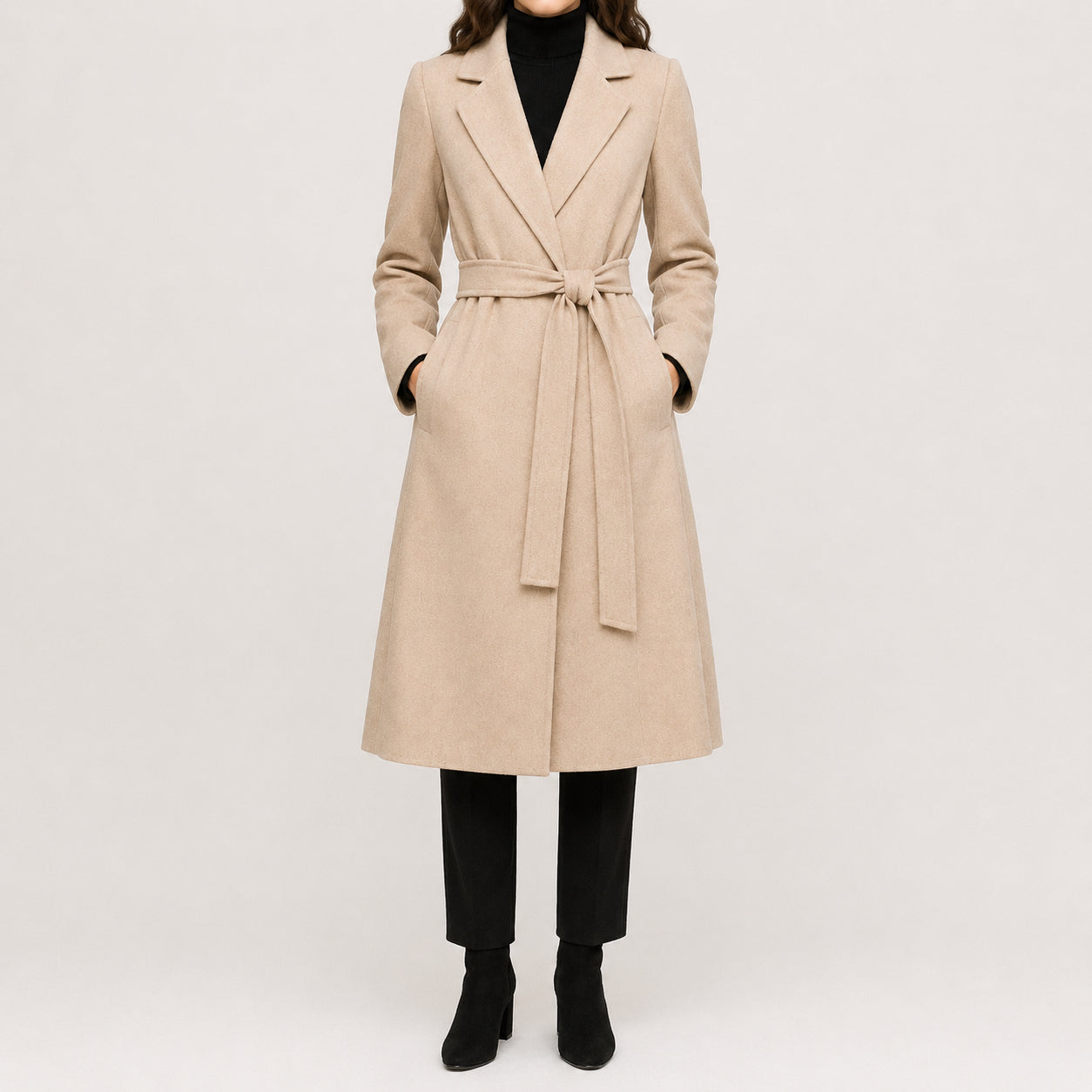Fall Women's Midi Length Wool Coat with Waist Belt | Outerwear