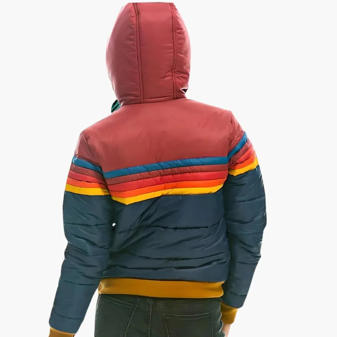 Puffer Jacket Women Hooded Quilted Rainbow Colorblock