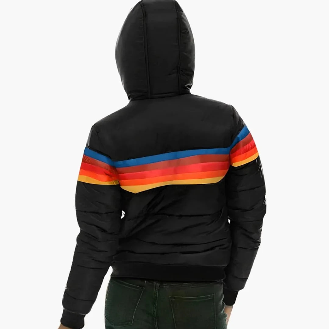 Puffer Jacket Women Hooded Quilted Rainbow Colorblock