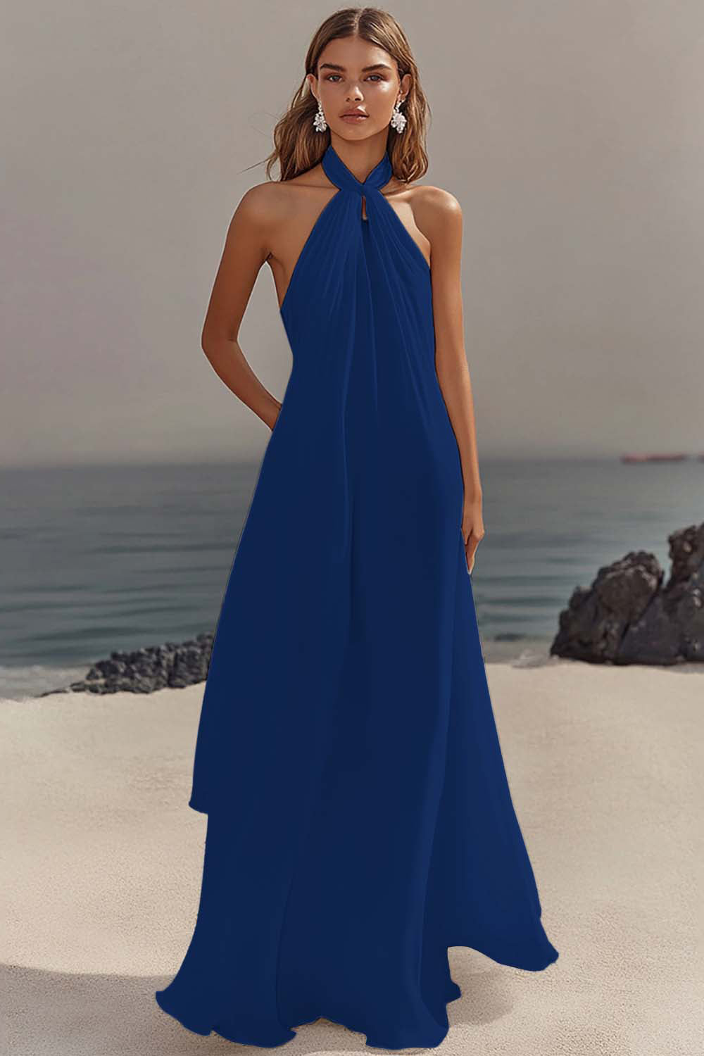 White Chiffon A-Line Halter Maxi Dress