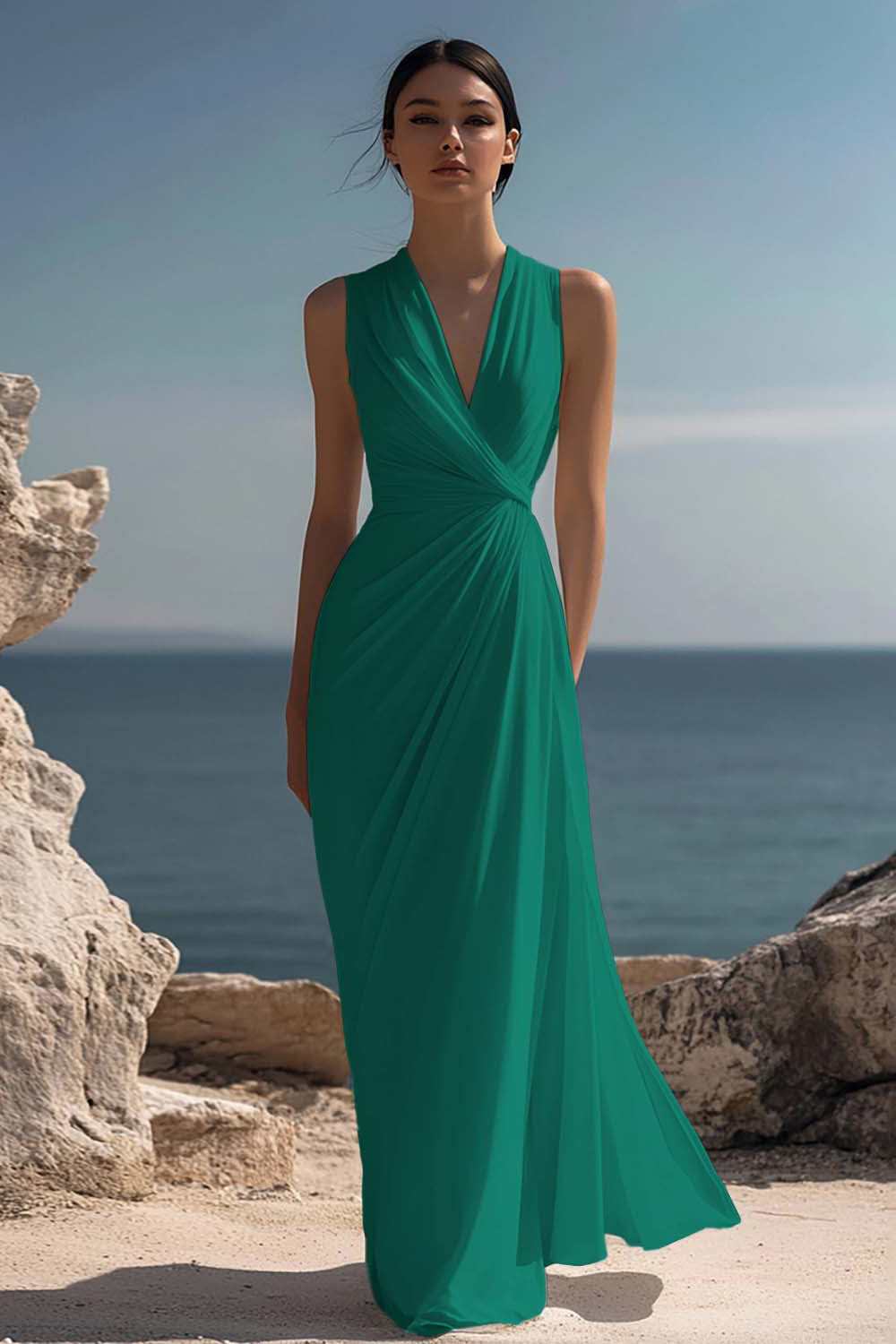 White Chiffon Ruched Sheath Maxi Dress