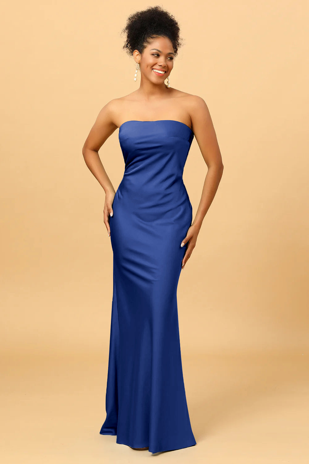Grey Blue Satin Mermaid Bridesmaid Maxi Dress