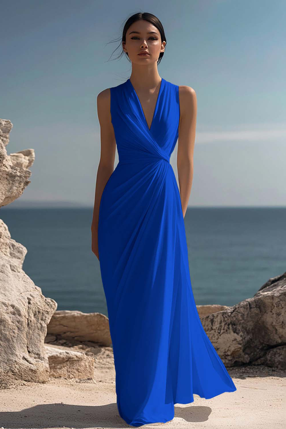 White Chiffon Ruched Sheath Maxi Dress