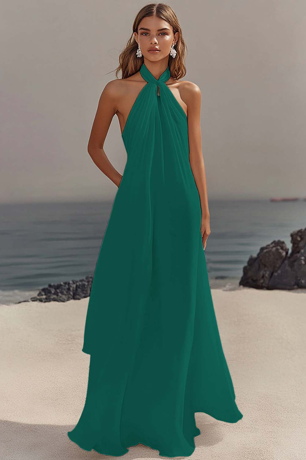White Chiffon A-Line Halter Maxi Dress