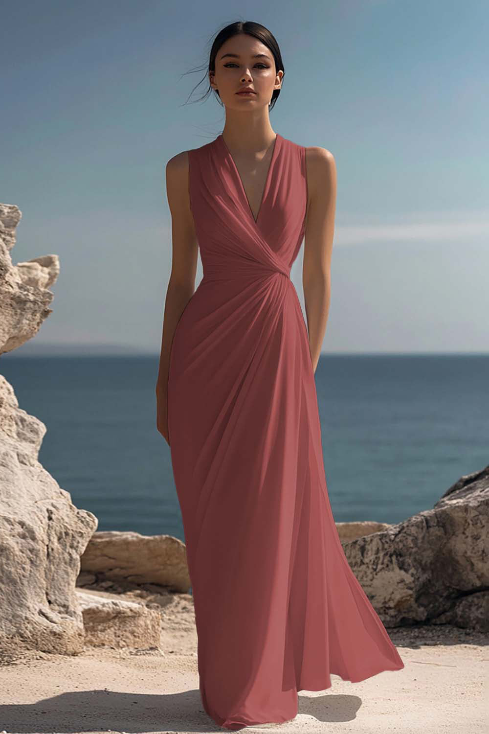 White Chiffon Ruched Sheath Maxi Dress