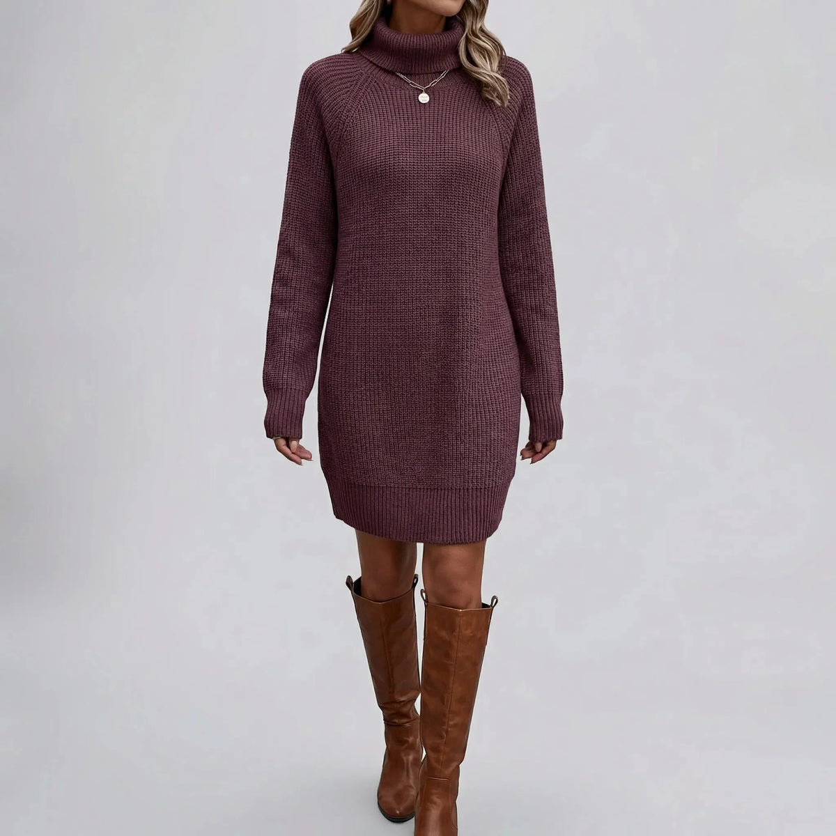 Chunky Ribbed High-Neck Tunic Sweater Dress
