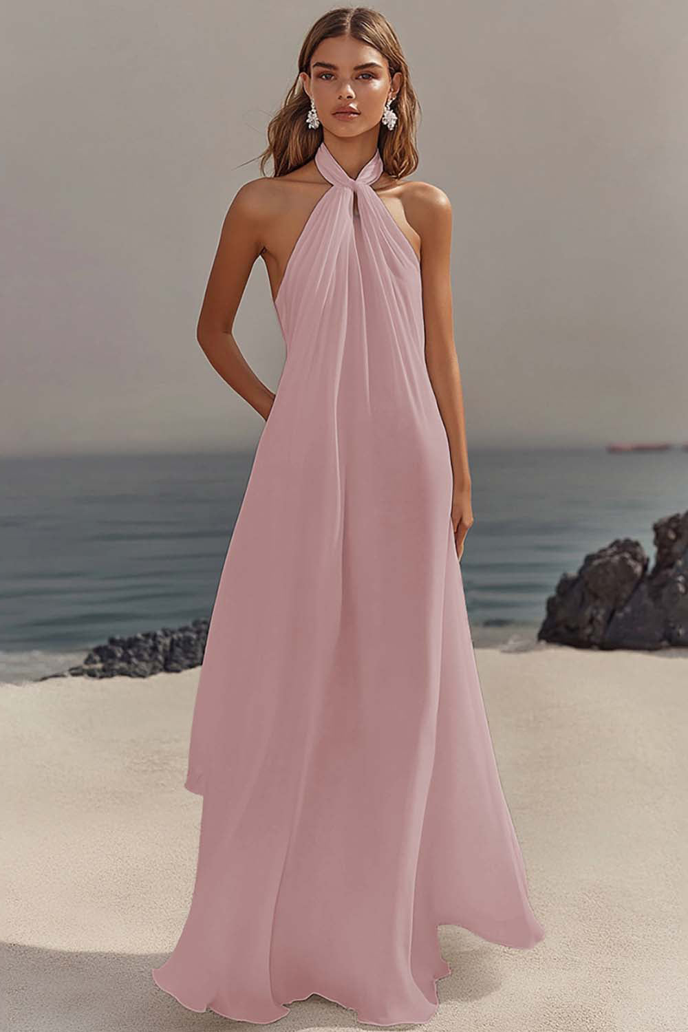 White Chiffon A-Line Halter Maxi Dress