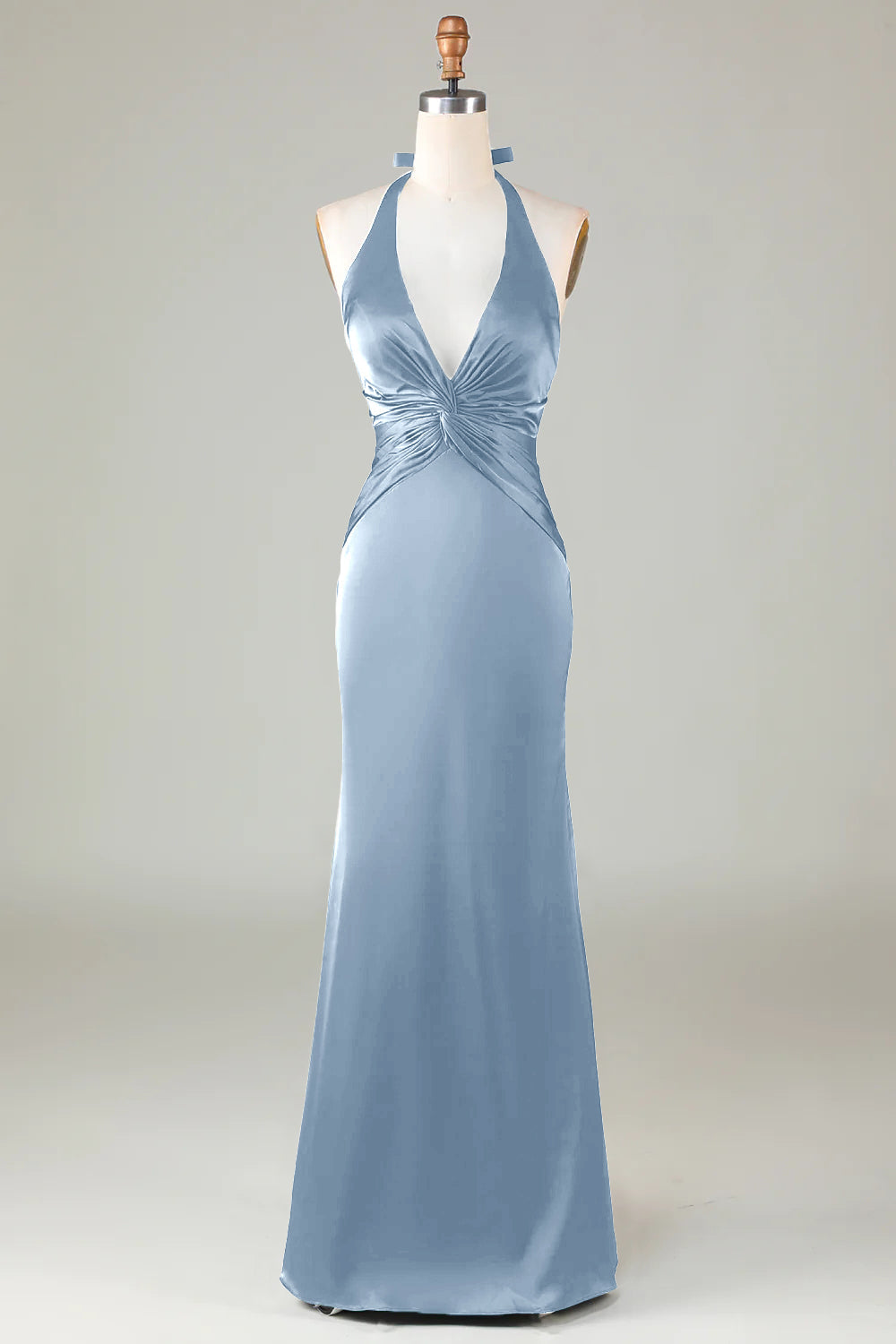 Dusty Sage Satin Halter Formal Maxi Dress