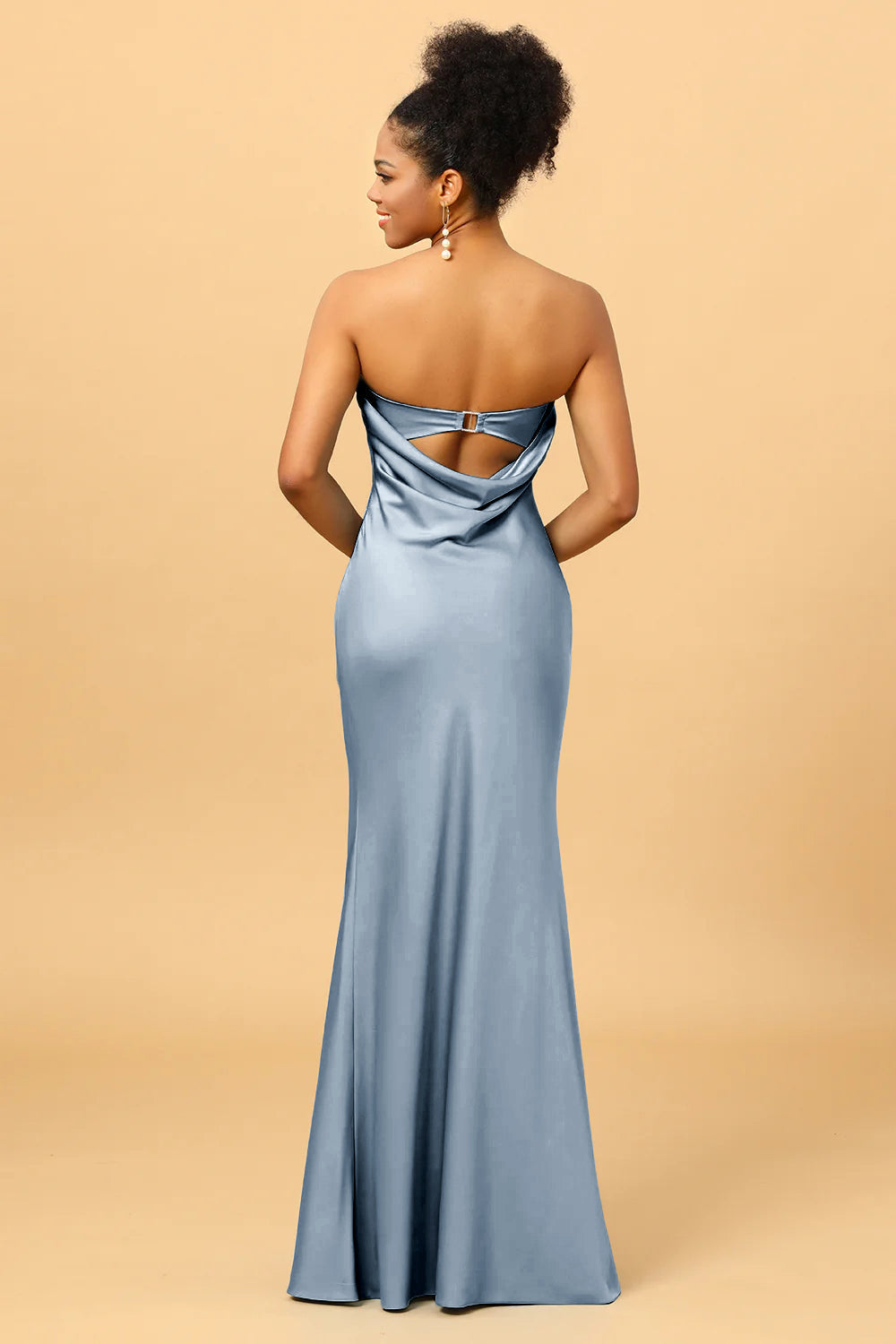 Grey Blue Satin Mermaid Bridesmaid Maxi Dress