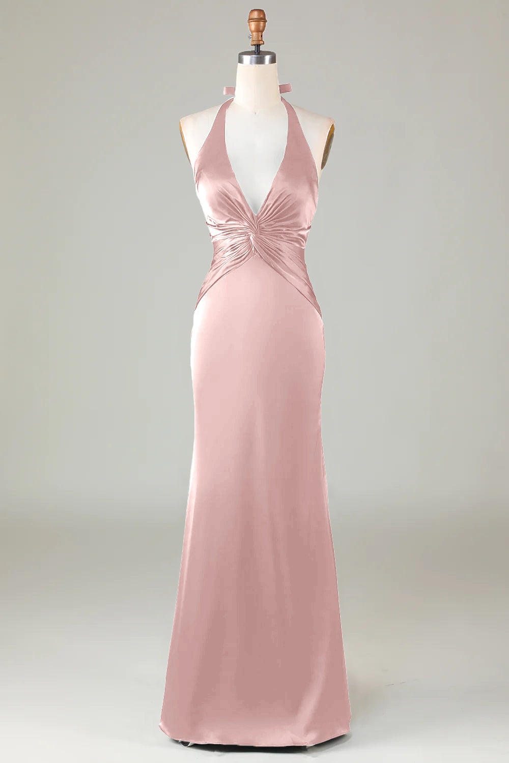 Dusty Sage Satin Halter Formal Maxi Dress