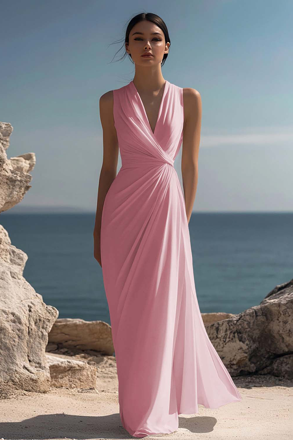 White Chiffon Ruched Sheath Maxi Dress
