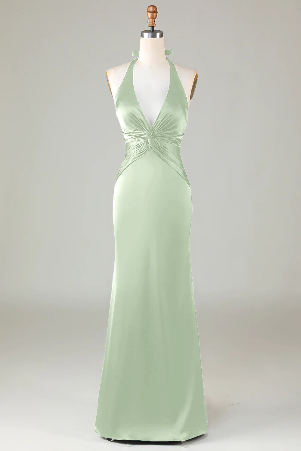 Dusty Sage Satin Halter Formal Maxi Dress