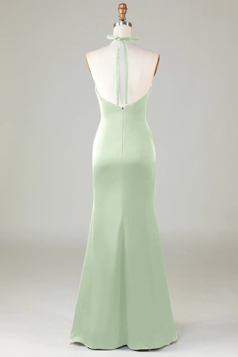 Dusty Sage Satin Halter Formal Maxi Dress