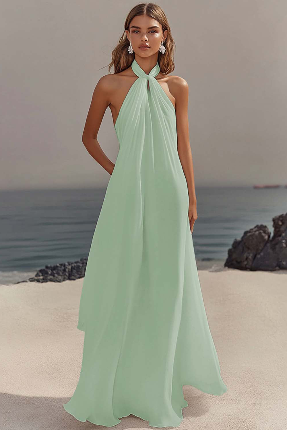 White Chiffon A-Line Halter Maxi Dress
