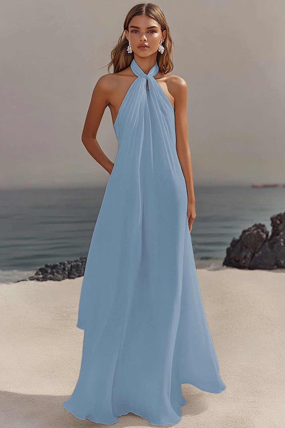 White Chiffon A-Line Halter Maxi Dress