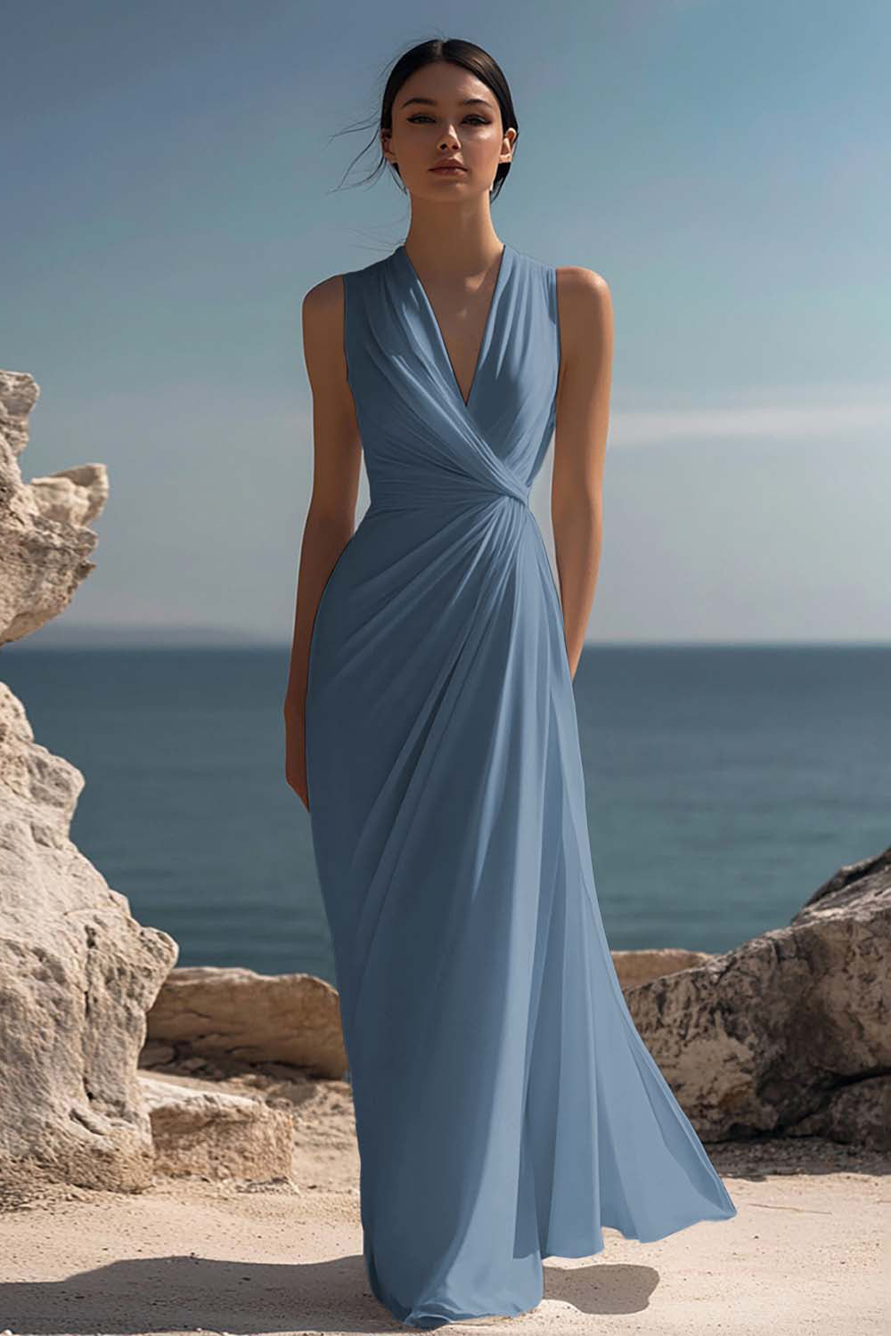 White Chiffon Ruched Sheath Maxi Dress