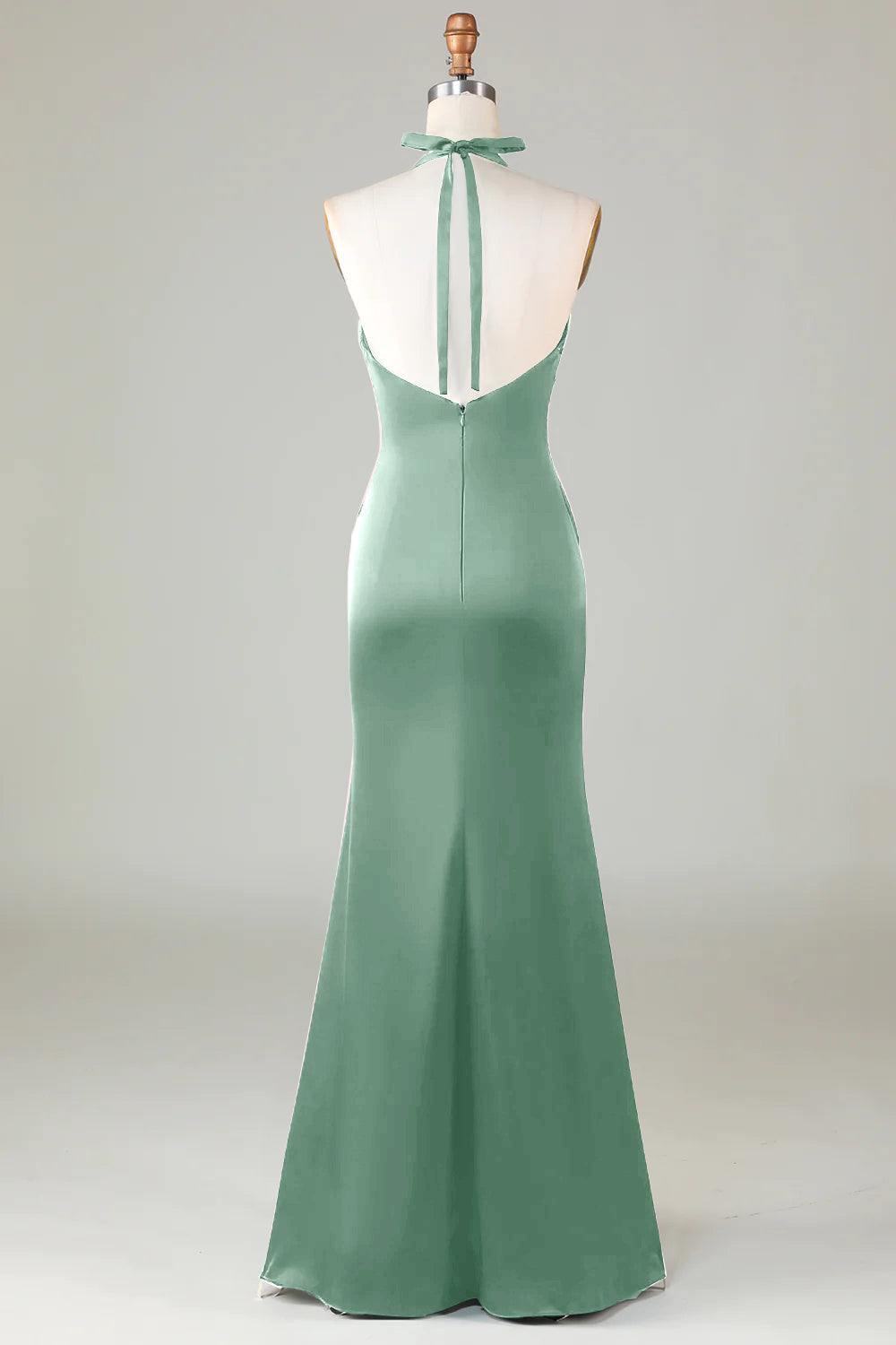Dusty Sage Satin Halter Formal Maxi Dress