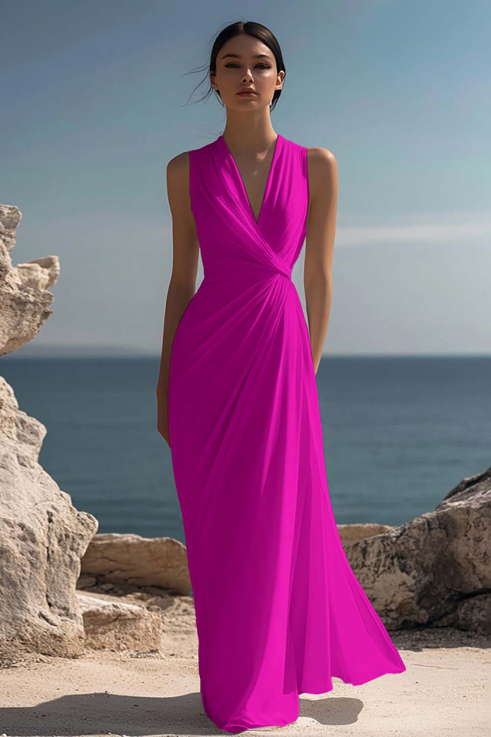 White Chiffon Ruched Sheath Maxi Dress