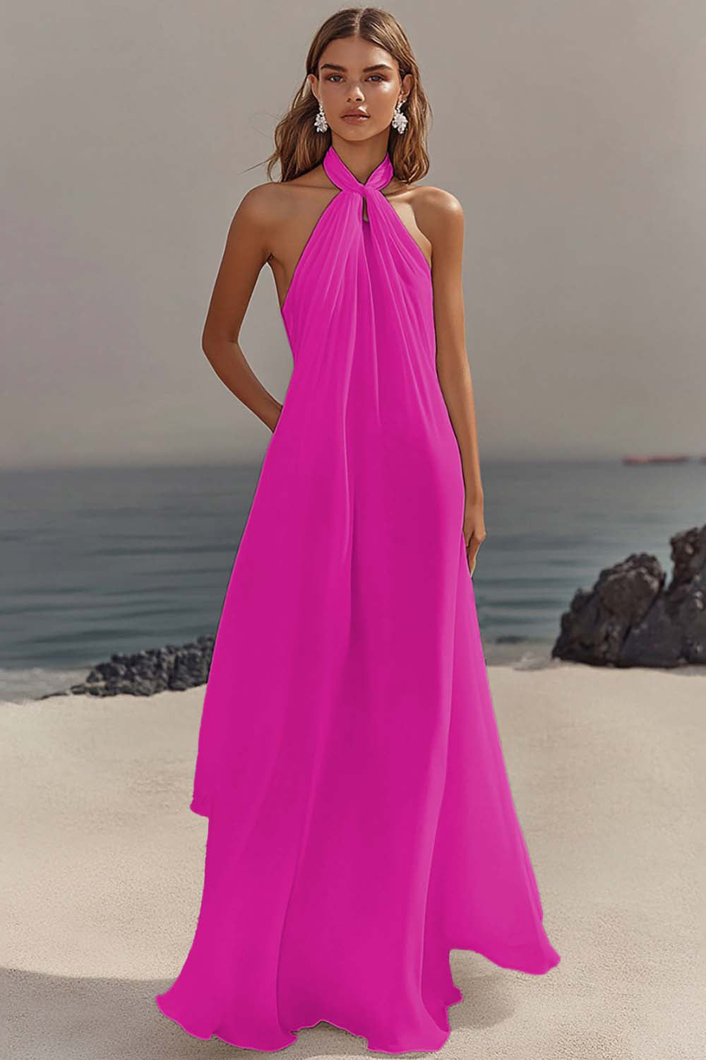 White Chiffon A-Line Halter Maxi Dress