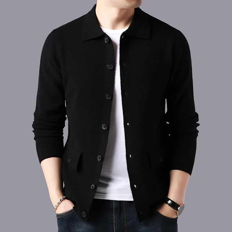 Men's Textured Knit Cardigan with Structured Collar