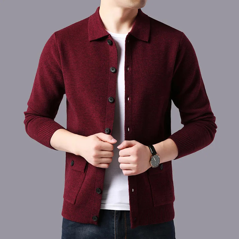 Men's Textured Knit Cardigan with Structured Collar