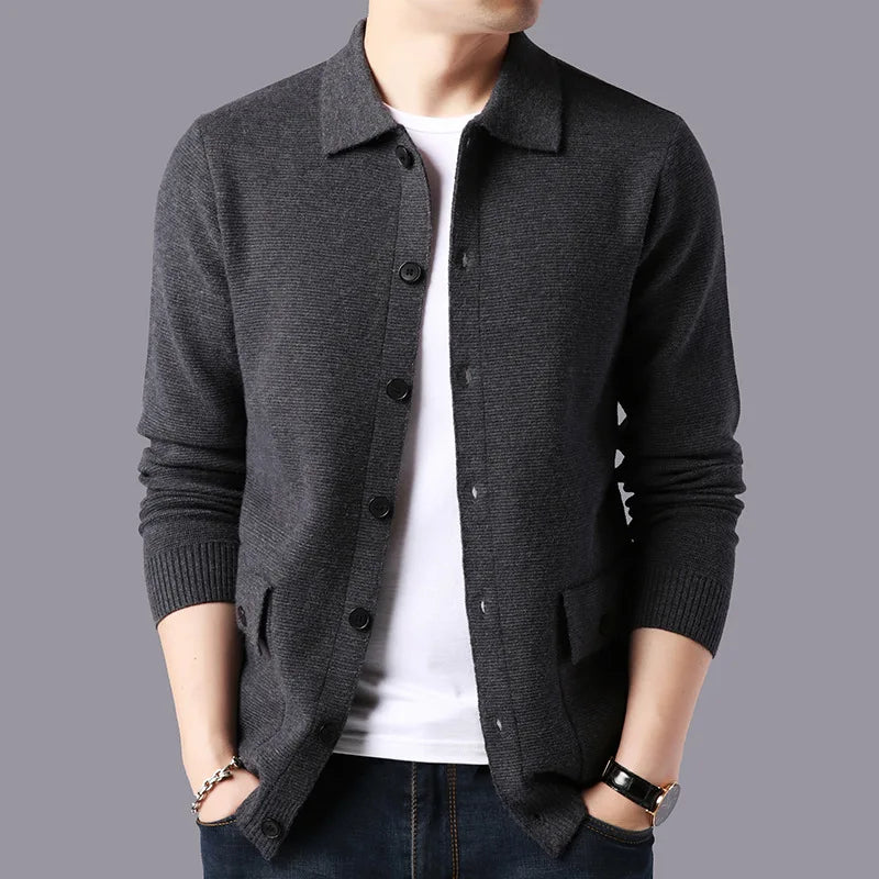 Men's Textured Knit Cardigan with Structured Collar