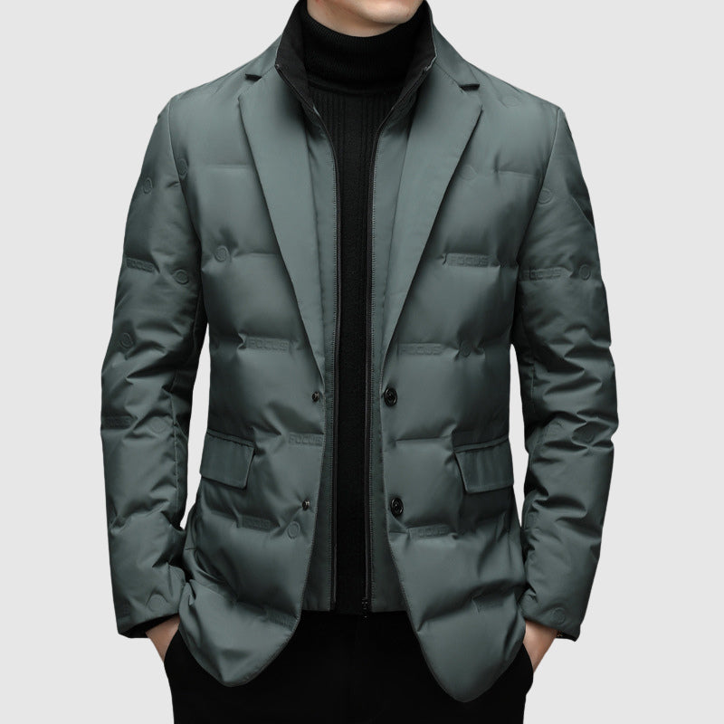 Men’s Puffer Jacket with Duck-Down Filling, Lapel Collar & Zip