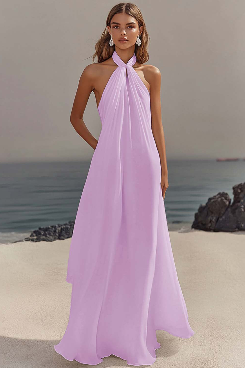 White Chiffon A-Line Halter Maxi Dress