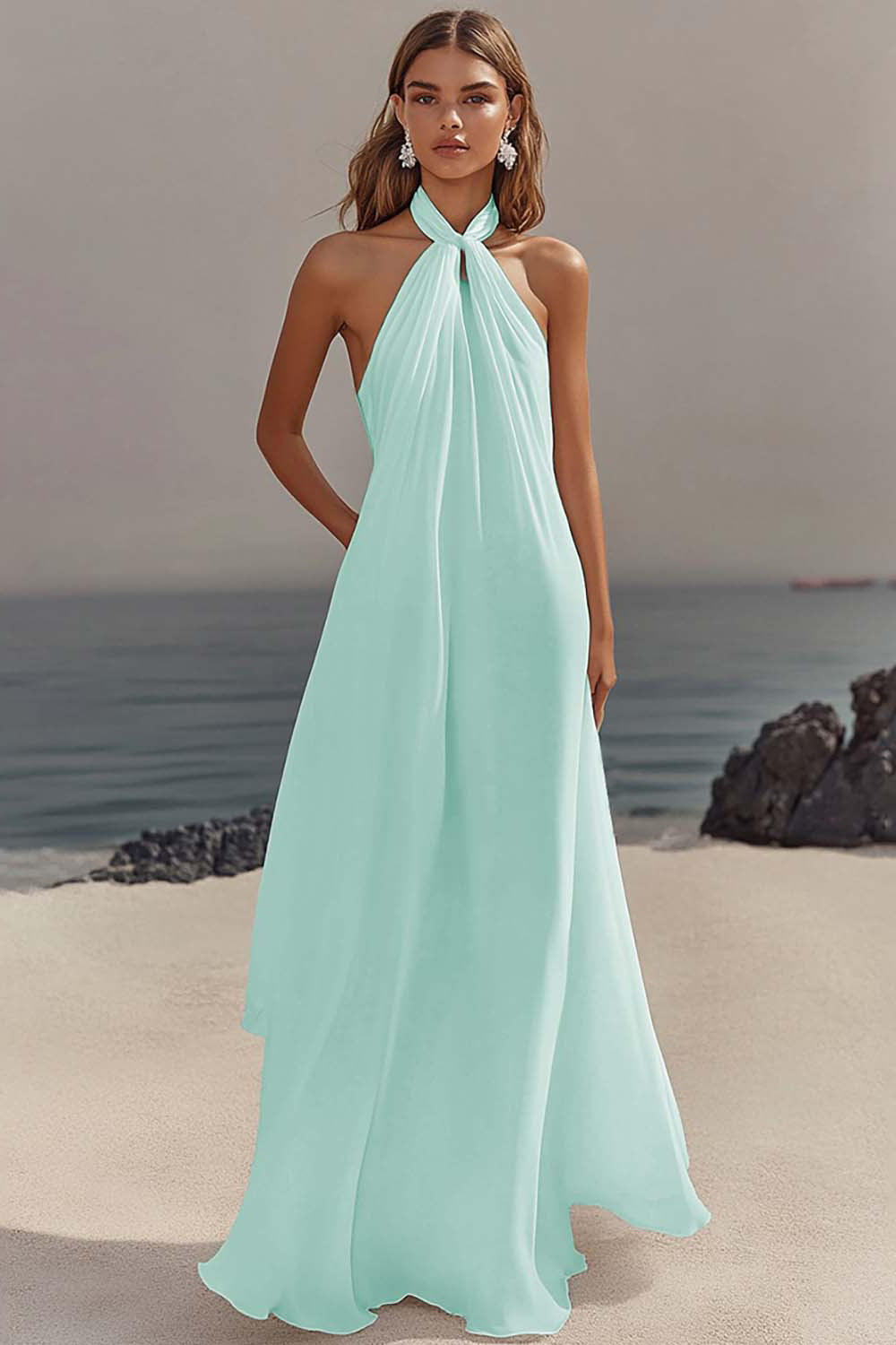 White Chiffon A-Line Halter Maxi Dress